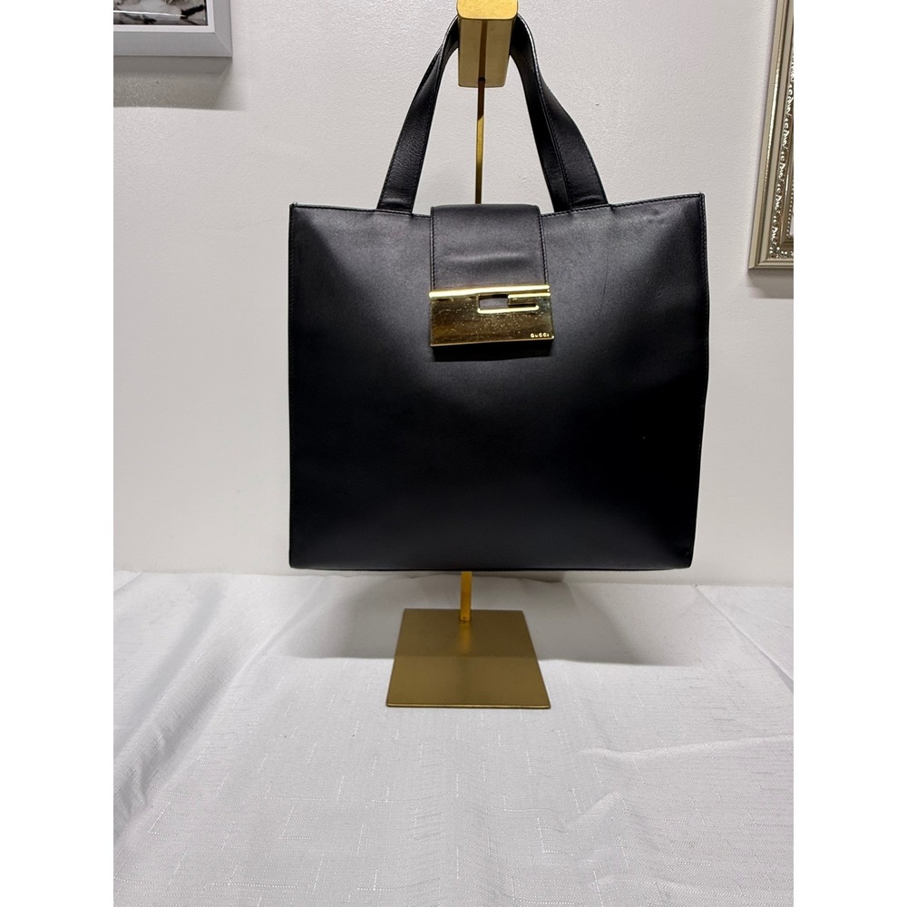 Gucci Vintage Black Leather Tote Bag Gold G Logo Hardware Square Handbag - Picture 2 of 14